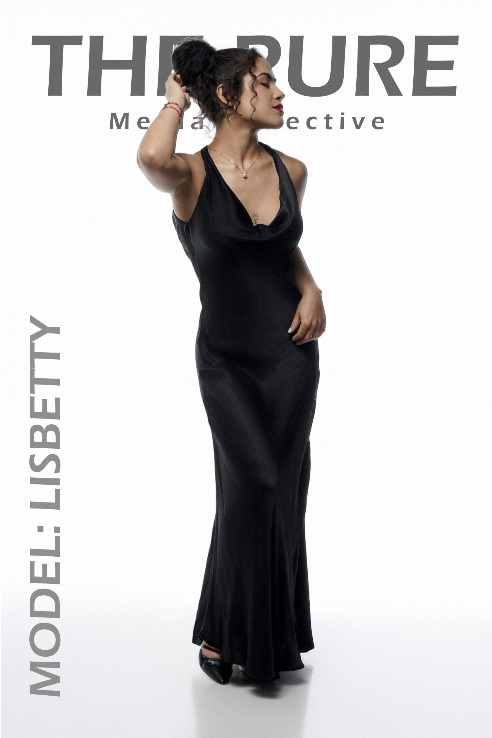Lisbetty Faure as a Runway Model Florida on her professional sedcard cover wearing an elegant black dress.